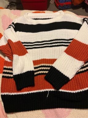 Striped Crewneck Sweater in White, Black & Orange